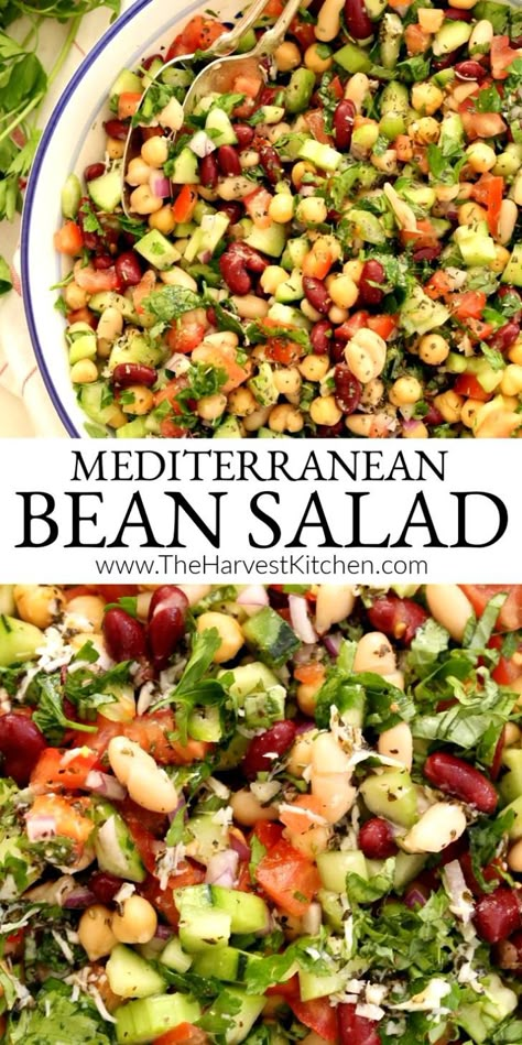 Mediterranean Bean Salad is an easy three bean salad recipe (3 bean salad) that is nutritious, delicious and so easy to make!  And it travels well, so it's a perfect cold bean salad to take to a potluck or summer barbecue! Mediterranean Bean Salad, Cold Salad Recipes, Mediterranean Recipes Healthy, Mediterranean Diet Recipes Dinners, Easy Mediterranean Diet, Bean Salad Recipes, Easy Mediterranean Diet Recipes, Mediterranean Meals, Best Salad Recipes