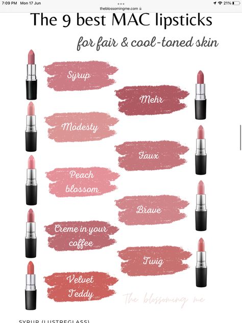 Cool Skin Tone Lipstick, Light Summer Red Lipstick, Mac Lipsticks For Fair Skin, Fair Skin Lipstick Shades, Red Lipstick For Soft Summer, Cool Winter Lipstick, Deep Winter Makeup Products, Light Summer Lipstick Colors, Cool Tone Lipstick Colors