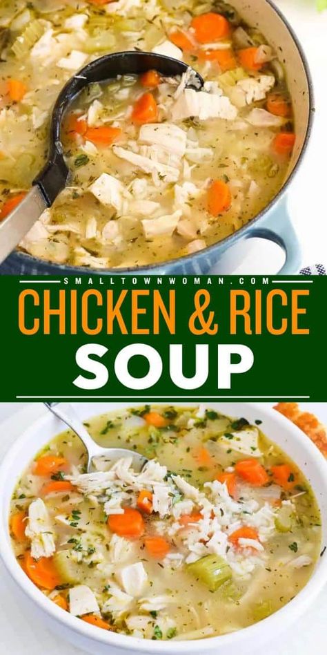 An easy soup idea using rotisserie chicken! It's a chicken soup recipe on the stovetop. Packed with flavor and wholesome ingredients, this homemade chicken and rice soup is a perfect comfort food dinner! Small Town Woman Soup Recipes, Chicken And Rice Soup Recipes, Homemade Chicken And Rice Soup, Soup Recipes With Chicken, Homemade Chicken And Rice, Roast Chicken And Rice, Homemade Ciabatta Bread, Using Rotisserie Chicken, Rotisserie Chicken Soup