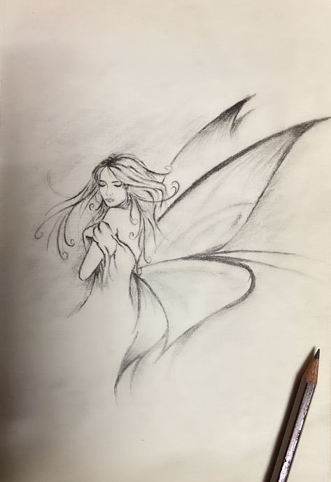 Goddess Drawing Pencil, Fairy Pencil Drawings, Fairy Drawing Sketches, Fairies Sketch, Fairy Drawings Easy, How To Draw Fairies, Fairy Sketches, Easy Fairy Drawing, Fairies Aesthetic