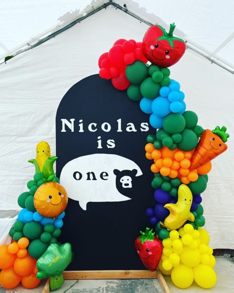 Hey bear sensory theme. Balloon garland by View-T balloons. Fruit 3rd Birthday Party, Hey Bear Balloon Garland, Hey Bear Decorations, Hey Bear Party Theme, Hey Bear Balloon Arch, Hey Bear Pinata, Hey Bear Backdrop, Fruit Sensory Birthday Party, Hey Bear Cake Smash