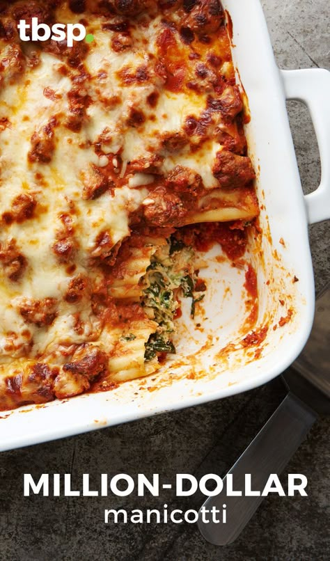 Cream cheese in the ricotta filling and a splash of cream in the sauce give this classic Italian baked pasta an added richness. Million Dollar Manicotti, Manicotti Filling Recipe, Manicotti Filling, Lasagna Florentine, Manicotti Recipes, Make Ahead Casseroles, Cheese Manicotti, Ricotta Filling, Manicotti Recipe