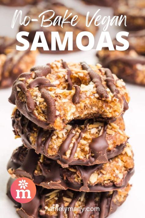 No Bake Samoa Cookies (girl Scout Copycat), Vegan Magic Cookie Bars, Vegan Samoa Cookies, Healthy Bake Sale Treats, No Bake Samoa Cookies, Raw Vegan Cookies, Healthy Samoa Cookies, Vegan Snack Recipes Easy, No Bake Vegan Cookies