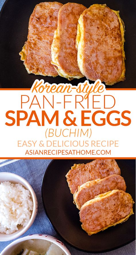 Korean-style Spam & Eggs (Buchim) - Try our Korean-style buchim recipe with Spam slices that are coated in whisked eggs and then pan-fried to a golden brown. Full recipe at AsianRecipesAtHome.com #spamrecipes #easyrecipes #quarantinefood #sidedish #koreanrecipes #koreanfood Eggs And Spam, Spam Dishes Recipes For, Fried Spam And Eggs, Breakfast Ideas With Spam, Air Fried Spam, Spam For Breakfast, Breakfast Spam Recipes, Asian Spam Recipes, Spam Breakfast Ideas