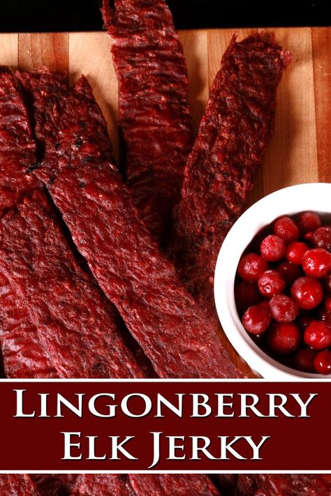 Several pieces of lingonberry elk jerky on a cutting board. Elk Jerky Recipe, Elk Meat Recipes, Rv Camping Recipes, Elk Meat, Minnesota Food, Family Breakfast Recipes, Jerky Recipe, Chicken Jerky, Hiking Snacks