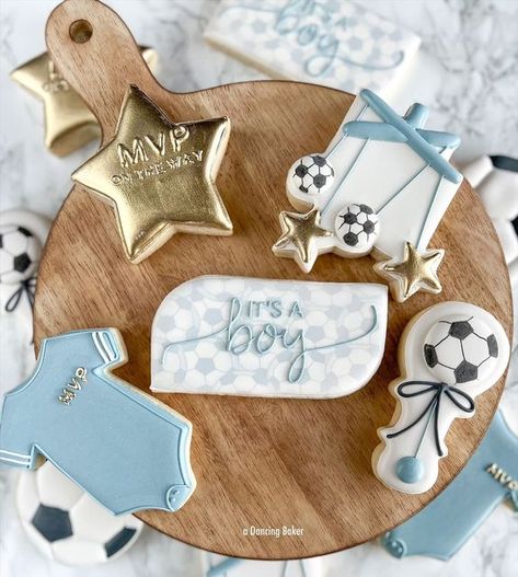 Baby Shower Soccer Theme, Pro Soccer Players, Soccer Baby Showers, Soccer Cookies, Soccer Baby, Sports Baby Shower, Sprinkle Shower, Soccer Theme, Sugar Cookie Designs