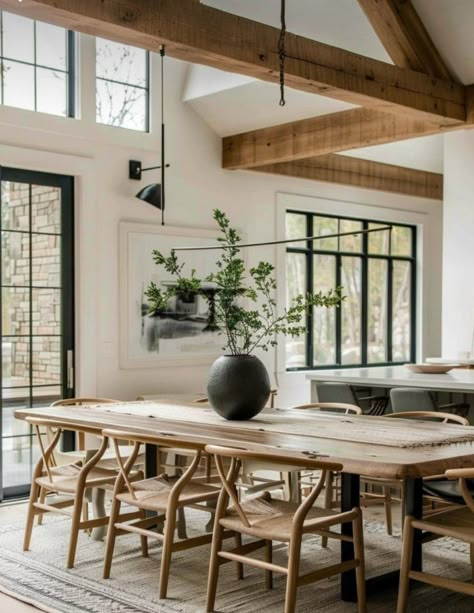 Modern Casual Dining Room, Modern European Dining Room, Dining Table Next To Kitchen Island, Farmhouse Modern Dining Room, Cozy Organic Modern, Dining Room Wood Table, Rustic Modern Dining Room, Rustic Modern Dining Table, Modern Rustic Dining Room