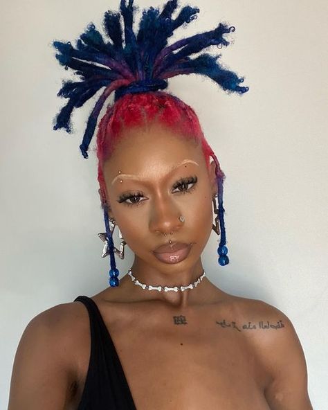 Pink And Blue Natural Hair, Blue And Purple Locs, Colorful Locs, Blue Natural Hair, Pink And Blue Hair, Loc Colors, Purple Dreads, Colored Locs, Blue And Pink Hair