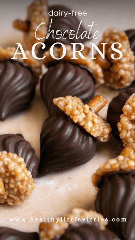 These easy and adorable Chocolate Acorns are the perfect DIY Fall chocolate treat. Dairy-free dark chocolate is molded into the chocolate candy kiss shape, topped with a mini no-bake, crispy quinoa cookie, and then finished with gluten-free pretzel pieces as the acorn stems! Chocolate Acorns, Crispy Quinoa, Pretzel Cookies, Gluten Free Pretzels, Peanut Butter Pretzel, Creative Snacks, Plant Based Breakfast, Chocolate Pretzels, Dairy Free Chocolate