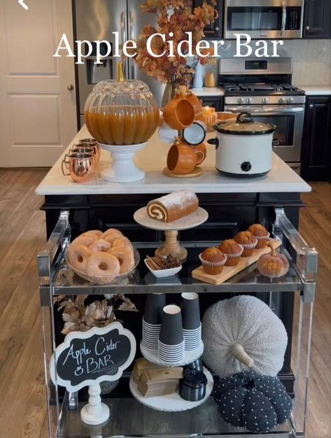 Thanksgiving Coffee Bar Decor, Mobile Hot Cocoa Bar, Apple Cider Bar Cart, Thanksgiving Hot Cocoa Bar, Fall Decor Coffee Bar, Hot Cocoa Bar Fall, Fall Bar Cart Ideas, Dessert Bar Cart, Fall Cocoa Bar