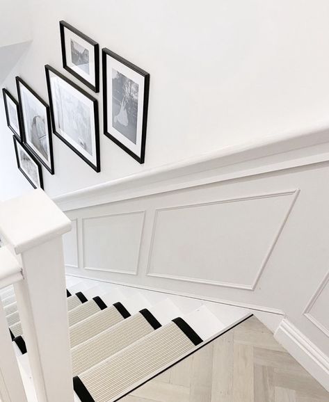 Panelled Wall Hallway, Stairs Panelling With Hand Rail, Stair Panelling With Handrail, Panelled Walls Stairs, Half Panelled Walls Hallways, Landing Banister Ideas, White Staircase With Runner, Hall Stairs And Landing Panelling, Panelled Hallway Stairs