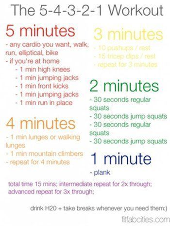 Jan 8, 2018 - Screenshot courtesy of Pinterest user Laura Wainman. When the temperatures climb, our resolve to exercise plummets—and any workout we manage must be quick and preferably indoors. So we were stoked to discover the 5-4-3-2-1 workout on Pinterest, a 15-minute routine... 5 Minutes Workout, Workout Circuit At Home, Pinterest Workout, 15 Minute Workout, Best Ab Workout, Everyday Workout, 10 Minute Workout, Circuit Workout, I Work Out