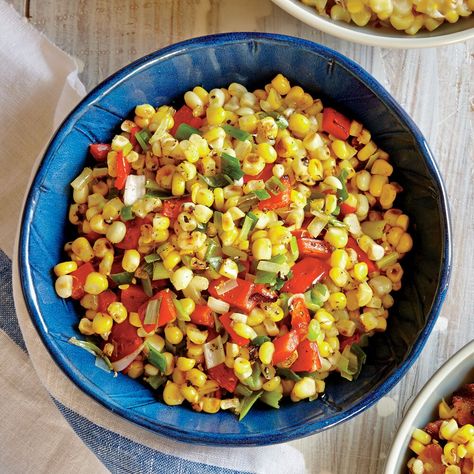 Fresh Corn Sauté with Red Pepper and Onions Healthy Cookout Food, Healthy Cookout, Red Pepper Salad, Pepper Salad, Cooking Light Recipes, Tomato Relish, Cookout Food, 5 De Mayo, Roasted Corn