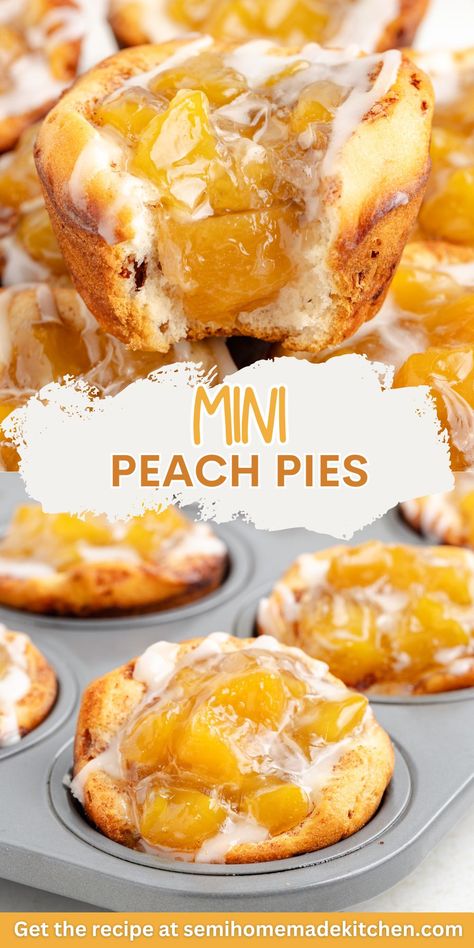 These mini peach pies are an easy treat made with just two simple ingredients: cinnamon roll dough and peach pie filling. They're perfect for quick desserts, last-minute gatherings, or a sweet snack anytime. Mini Dessert Easy, Pie Filling Desserts, Mini Peach Pies, Peach Desserts Easy, Peach Pies, Mini Pie Recipes, Mini Dessert Recipes, Peach Dessert Recipes, Peach Pie Filling