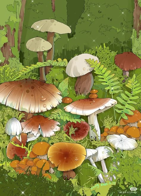 Cottage Core Art, Mushroom Wallpaper, 동화 삽화, Drawing Cartoon Faces, Nature Background Images, Cartoon House, Background Drawing, Cute Animal Drawings Kawaii, Nature Painting