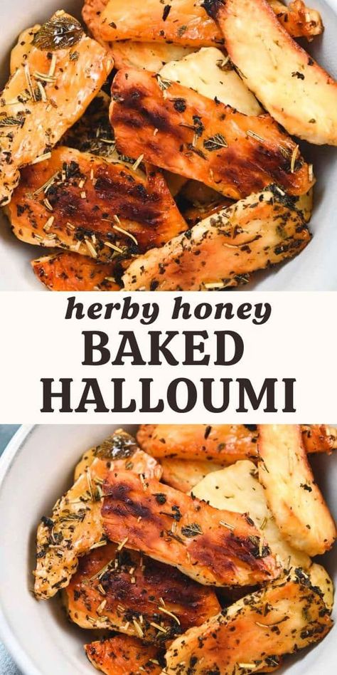 Honey-baked halloumi is sweet, salty, herby, and the perfect addition to bowls and pasta. Baked halloumi is golden and crisp and ready in just under 30 minutes! Halloumi Cheese Recipes, Halloumi Pasta, Baked Halloumi, Halloumi Fries, Fresh Herb Recipes, Cheese Pasta Recipes, Fried Halloumi, Honey Baked, Sewing Headbands