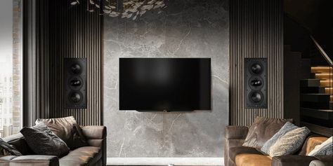 Perlisten In-wall THX Dominus speakers Neutral Winter Decor, Black Porcelain Tiles, Wall Speakers, Houston Interior Designers, Modern Tv Wall, Gold Wall Decor, Polished Porcelain Tiles, Room Acoustics, Modern Crystal Chandelier