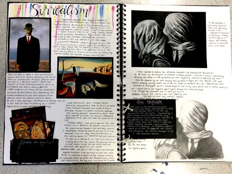 Livvy Coombs A Level Art sketchbook page on Surrealism and Spanish artists - artist research with emulations. @liv.sketchbook on instagram. Gcse Art Sketchbook Movement, Gcse Art Sketchbook Surrealism, Surrealism Gcse Art, Surrealism Gcse Sketchbook, Surrealism Research Page, Spanish A Level, Art History Sketchbook, Organizing Sketchbooks, Artist Reaserch Page A Level