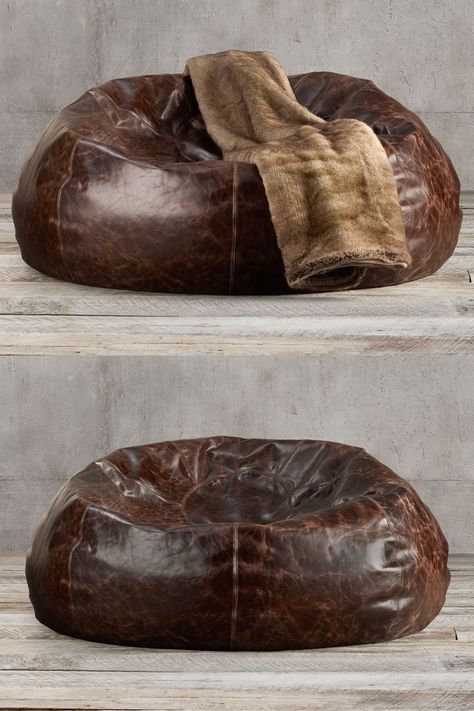 Like an old baseball mitt, this plump, over-sized bean bag chair is upholstered in fine leather and seamed with a circular center for sink-in comfort! Classy Bean Bag Chair, Bean Bag Cinema, Dawson Bed, Leather Bean Bag Chair, Bean Bag Design, Chicago Lofts, Bean Bag Furniture, Leather Bean Bag, Cinema Chairs