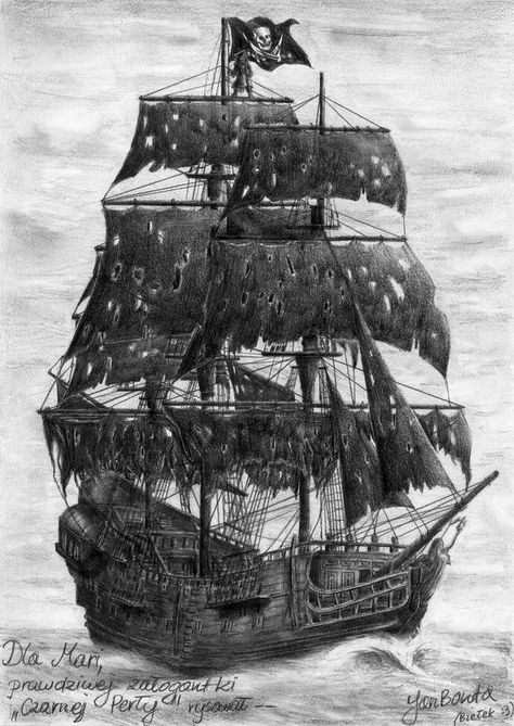 The Black Pearl by JanBoruta Pirate Ship Drawing, Pirate Ship Tattoos, Black Pearl Ship, Pirate Ship Tattoo, Pearl Tattoo, Pirate Ship Art, Jolly Roger Flag, Pearl Wallpaper, Kaptan Jack Sparrow