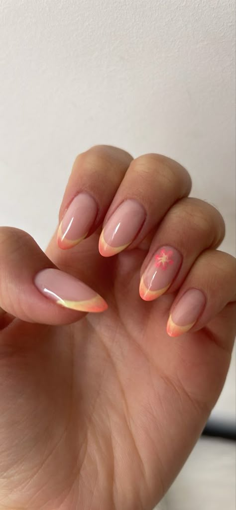 Oval Nail Inspo Summer, Peach Nail Inspiration, August Nails Ideas Almond, Summer 24 Nails Almond, Pink Sunset Nails, Peach French Tip Nails Almond, Pink And Orange French Tip Nails Almond, Nails Summer 2024 Almond, Peach French Tip Nails