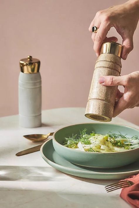 This is an amazing grinder. Easy to grasp and grind. If you are looking for a convenient way of adding your favorite spices to your meals. #grinder #wood Spice Grinder, Pepper Grinder, Beer Steins, Brown Wood, Room Table, Stove, Anthropologie, Dining Room, Marble