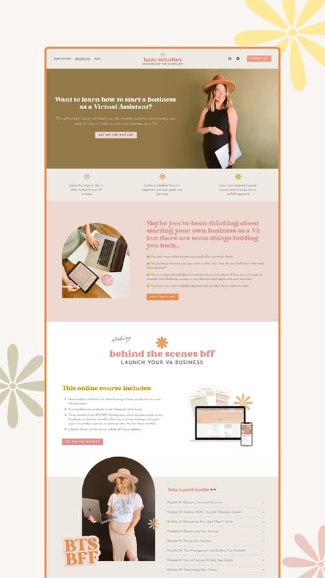 Client Showcase: Kate Scholtes — Blooming Design Co. Website Design Course, Course Sales Page Design, Virtual Assistant Website Design, Modern Wellness Branding, Sales Page Design Inspiration, About Me Website Design, Retro Website Design, Service Website Design, Virtual Assistant Website