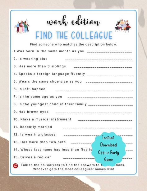 Printable Find the Colleague Office Party Game Coworker Staff Game Fun Work Party Game Retirement Party, Icebreaker Teambuilding Game - Etsy Team Building Activities For Dental Office, Team Appreciation Ideas Offices, Fun Things To Do With Office Staff, Team Building Exercises Staff Meetings, Staff Get To Know You Activities, Fun Games For Staff Meetings, Team Building Excersices For Work, Office Scavenger Hunt Team Building, Fun Coworker Activities