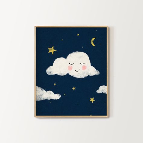 "This printable storybook style artwork was hand-drawn to adorn the walls of a moon and stars themed nursery. The artwork is distressed to give it that modern vintage feel. The navy blue color scheme was chosen to work with several name brand nursery bedding options so the wall art works seamlessly with your nursery theme. This is a digital print. See below for variations and matching prints for this popular series. Moon and Stars Series of 4 - Light blue https://www.etsy.com/listing/1177540907 Moon And Stars Nursery Painting, Night Sky Nursery, Moon And Stars Nursery, Star Themed Nursery, Sky Nursery, Stars Nursery, Matching Prints, Clouds Nursery, Moon Nursery