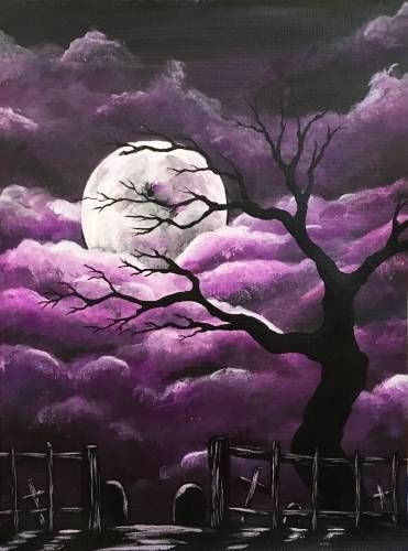 Gothic Canvas Painting Ideas, Cemetery Paintings, Gothic Painting Ideas, Graveyard Painting, Halloween Acrylic Painting, Spooky Painting Ideas, Goth Painting, Scary Paintings, Halloween Painting Ideas