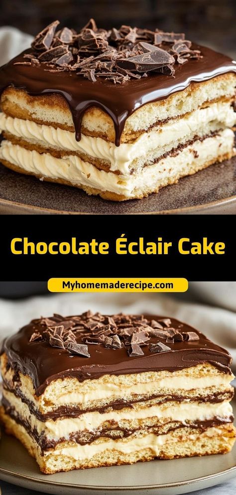 This no-bake chocolate éclair cake is rich, creamy, and layered with graham crackers and chocolate pudding. A delicious and easy dessert! Ingredients: 1 package graham crackers 2 cups chocolate pudding 1 cup whipped cream 1 cup chocolate ganache Graham Cracker Whipped Cream Dessert, Chocolate Pudding Layer Cake, Chocolate Eclairs Recipe Easy, Recipes With Chocolate Pudding, No Bake Pudding Desserts, Graham Cracker Dessert Recipes, Chocolate Pudding Dessert Cups, Desserts With Graham Crackers, Chocolate Lush Dessert