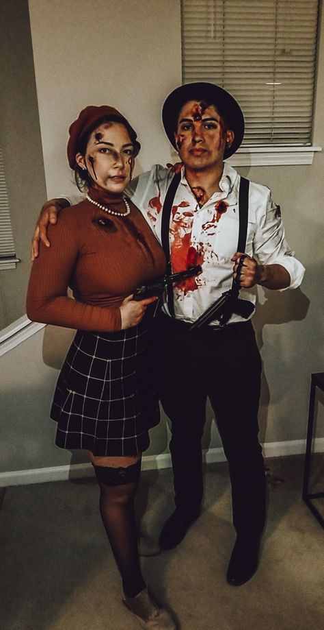 Spooky season costume #Halloween #bonnieandclyde Diy Bonnie And Clyde Costume, Killer Couple Costumes, Halloween Couple Ideas, Bonnie And Clyde Costume, Bonnie And Clyde, Halloween Couple, Couple Costumes, Couple Ideas, Party Costumes