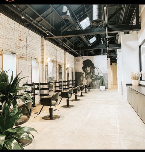 Hair Salon Interior Design Industrial, Salon Brick Wall, Black Ceiling Hair Salon, Industrial Design Salon, Metal Building Hair Salon, Brick Wall Hair Salon, Modern Industrial Salon Design, Industrial Chic Salon, Contemporary Salon Design