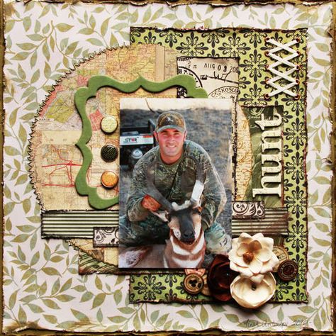 Hunting layout Hunting Scrapbook Layouts, Hunting Scrapbook, Fishing Scrapbook, Masculine Scrapbook, Camping Scrapbook, Bridal Shower Scrapbook, Animal Hunting, Wedding Scrapbooking Layouts, Baby Scrapbook Album