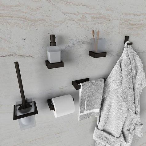 Explore practical designer sets of bathroom accessories in trendy matt black which includes towel rail, robe hook, tumbler, toilet brush etc. Click here now! Trending Beds, Black Bathroom Fixtures, Black Bathroom Accessories Set, Black Bathroom Hardware, Curtain Alternatives, Washroom Accessories, Bathroom Accessories Luxury, Bathroom Tumbler, Matte Black Bathroom