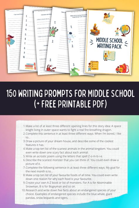 List of 150 writing prompts for middle school students. Plus a free printable writing pack for middle schoolers. See our list now. Easy Writing Prompts, Writing Prompts For Middle School, School Free Printables, Printable Writing Prompts, Story Writing Prompts, Writing Prompts For Kids, Middle Schoolers, Writing About Yourself, Enjoy Writing