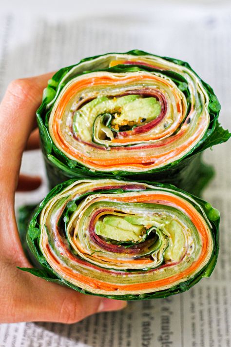 Collard Greens Rainbow Salad Wraps - High Plant Protein Collard Greens Wraps Recipe, Collar Greens, Almond Food, Collard Greens Salad, Collard Green Wraps, Cabbage Wraps, Dried Tofu, Unicorn Food, Collard Green