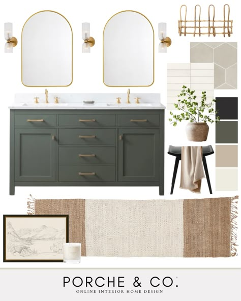 Neutral Color Master Bath, Half Bath Green Vanity, French Farmhouse Master Bath, All White Bathroom With Pop Of Color, Small Bathroom Color Palette, Warm Bathroom Colors Earth Tones Master Bath, 36 Vanity Bathroom, Natural Bathroom Design Earth Tones, Green Cabinets Bathroom