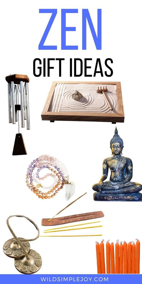 Zen Gift Ideas: chimes, zen garden, mala necklace, Buddha statue, incense, ting sha, and candles. If you have a friend, girlfriend, boyfriend, mother, father, sister, or brother who needs a little inner peace in their life, consider giving a zen gift for spiritual healing and enhancement. These are items for a spiritual altar or things that are great for bringing peace to the present moment. Lots of meditation items. Check them all out. Wild Simple Joy. Spiritual Present Ideas, Spiritual Gifts Ideas, Cheap Spiritual Beads For Gift, Exhortation Spiritual Gift, Spiritual Hand-strung Beads As Gifts, Meditation Gift Basket, Meditation Items, Goft Ideas, Coworker Holiday Gifts