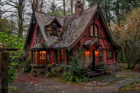 Fairytale cottage nestled in the woods with warm lights illuminating the night House In Forest Cottages, Cottage In The Woods Fairytale, Cozy Cottage In The Woods, Terraced Cottage, Cottages In The Woods, Gingerbread Inspiration, Magical Cottage, Fairytale Home, Hobbit Homes