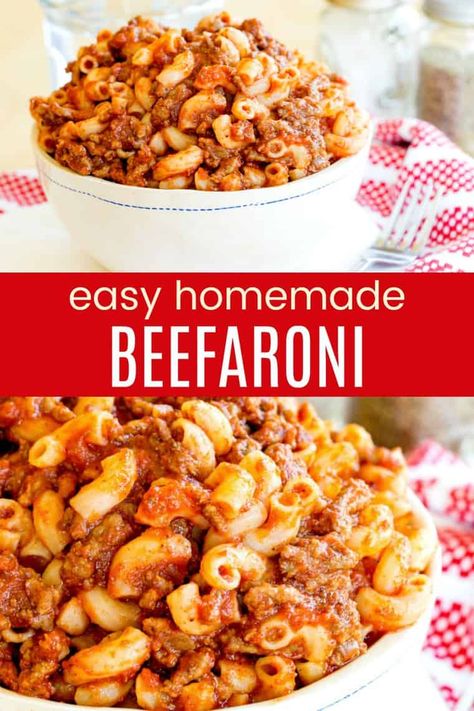 Easy Homemade Beefaroni - only five ingredients and about twenty minutes for this fast family favorite made with pantry staples like ground beef and elbow macaroni! Perfect for busy weeknights and makes enough for leftovers! #beefaroni #easydinnerrecipe #pasta Meat Macaroni Recipe, Gluten Free Elbow Pasta Recipe, Hamburger Meat And Elbow Noodle Recipes, Beef And Elbow Macaroni Recipes, Ground Beef With Pasta Dinners, Fast Dinners Easy Ground Beef, Pasta Recipes Elbow Noodles, Elbow Pasta Recipes Ground Beef, Things To Make With Elbow Noodles