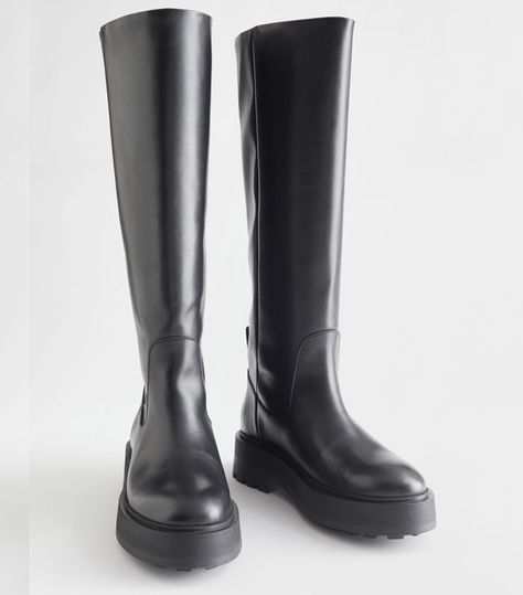 & Other Stories Chunky Knee High Leather Boots Chunky Knee High Boots Outfit, Valentino Boots, Knee High Boots Flat, Lug Boots, Black High Boots, Lug Sole Boots, High Leather Boots, Black Knee High Boots, Knee High Leather Boots