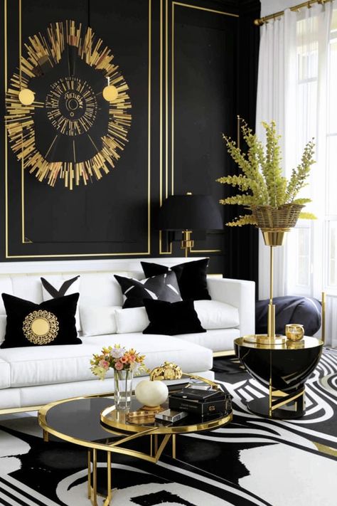 Elevate your living room with a timeless black and white color scheme accented by luxurious gold touches. From geometric patterns to sleek metallic accents, create a sophisticated and inviting space thats both chic and cozy. Gold And Black Living Room, Black White Gold Living Room, Gold Accents Living Room, Art Deco Living Room Ideas, Black And Gold Living Room, Black And White Living Room Decor, Silver Living Room, Black Living Room Decor, Deco Living