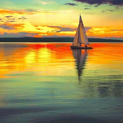 Sailboat Painting, Boat Painting, Sail Boats, Body Of Water, Sailboats, Sunrise Sunset, Painting Ideas, Boats, Sailing