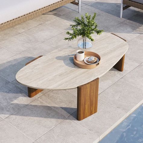 Free Shipping on Modern Geometric Beige Outdoor Patio Travertine Coffee Table with Wood Stand in Walnut｜Homary Unique Coffee Table Design, Elegant Coffee Table, Travertine Coffee Table, Perfect Coffee Table, Stone Coffee Table, Into The Wood, Stone Dining Table, Travertine Stone, Wood And Marble