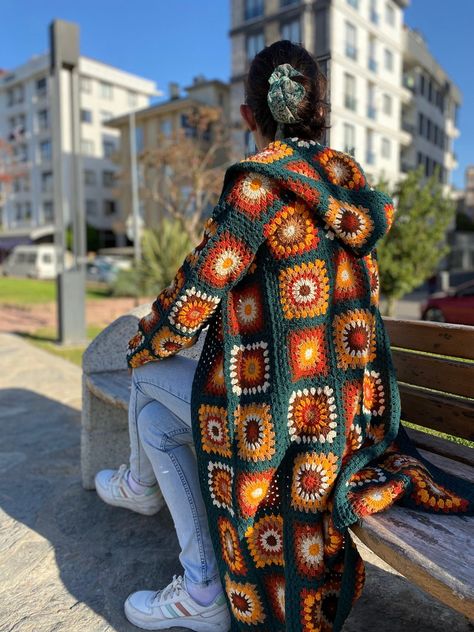 Crochet Work Clothes, Crochet Square Cardigan, Crochet Christmas Sweater, Bohemian Crochet Patterns, Afghan Sweater, Crochet Patchwork Cardigan, Granny Cardigan, Crocheted Cardigan, Handmade Cardigan