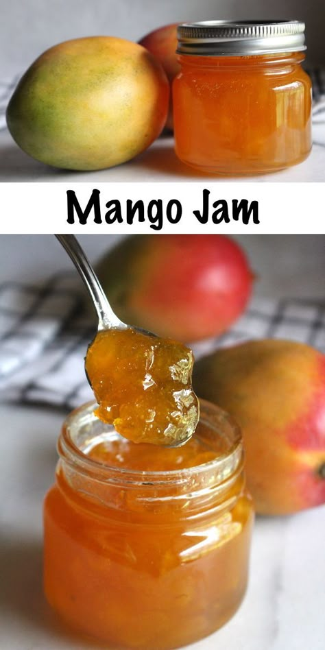 Homemade Mango Jam is the perfect way to preserve mangoes.  For this simple no pectin mango jam recipe, there's just three ingredients: Mango, sugar and lime juice.  The jam comes together in about 20 minutes, and this recipe is safe for home canning.  (It's also a great freezer jam or refrigerator preserve.)  #canningseason #mangoes #jam #canning #foodpreservation Homemade Fall Jams, Mango Jam With Pectin, Mango Marmalade Recipe, Mango Preserves Recipes, Summer Canning Recipes, Fruit Canning Recipes, Best Jam Recipes, Easy Jam Recipe Simple, Canning Mangos