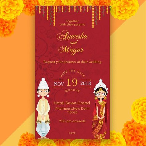 Celebrate the eternal journey of love with a beautiful traditional bengali wedding #einvitation Check out this beautiful einvite and if… | Instagram Wedding Card Writing, Hindu Wedding Invitation Cards, Wedding Card Design Indian, Marriage Invitation Card, Indian Wedding Invitation Card Design, Hindu Wedding Invitations, Rustic Wedding Cards, Unique Wedding Cards, Wedding Card Frames