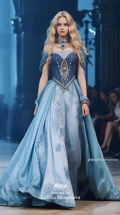 Celtic Ball Gown, Fantasy Dresses Blue, Renisance Style Wedding Dress, Teal Fantasy Dress, Medieval Inspired Dress, Spring Court Acotar Dress, Historical Dresses Aesthetic, Blue Princess Dress Royal, Royal Fantasy Art