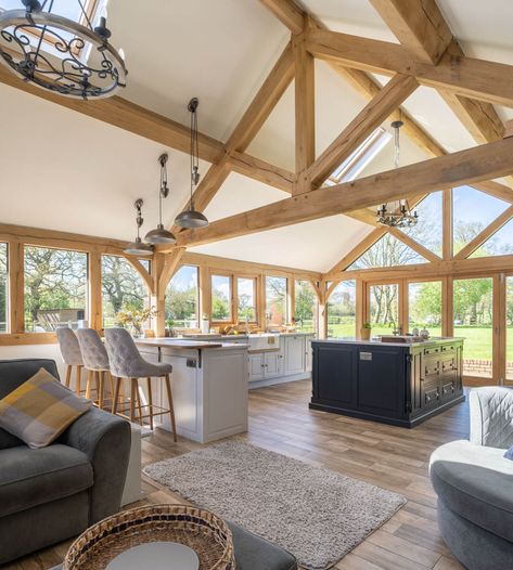 Extensions interiors - Welsh Oak Frame Timber Frame Cottage, Contemporary Dining Room Design, Oak Framed Extensions, Frame Kitchen, Country Style Living Room, Oak Frame House, Building Extension, Oak Framed Buildings, Timber Frame Building